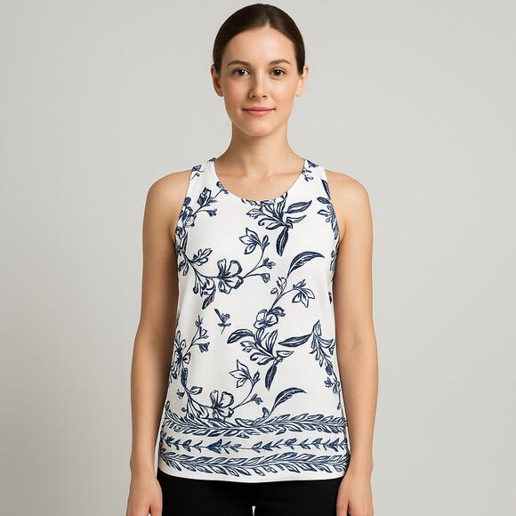 St. Tropez West Sleeveless Blouse Tropical Floral Print Navy White Size Small - Picture 1 of 9